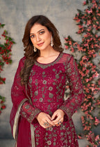 Monjolika Fashion Magenta Color Net Embroidered Anarkali Salwar Suit | Grocsy