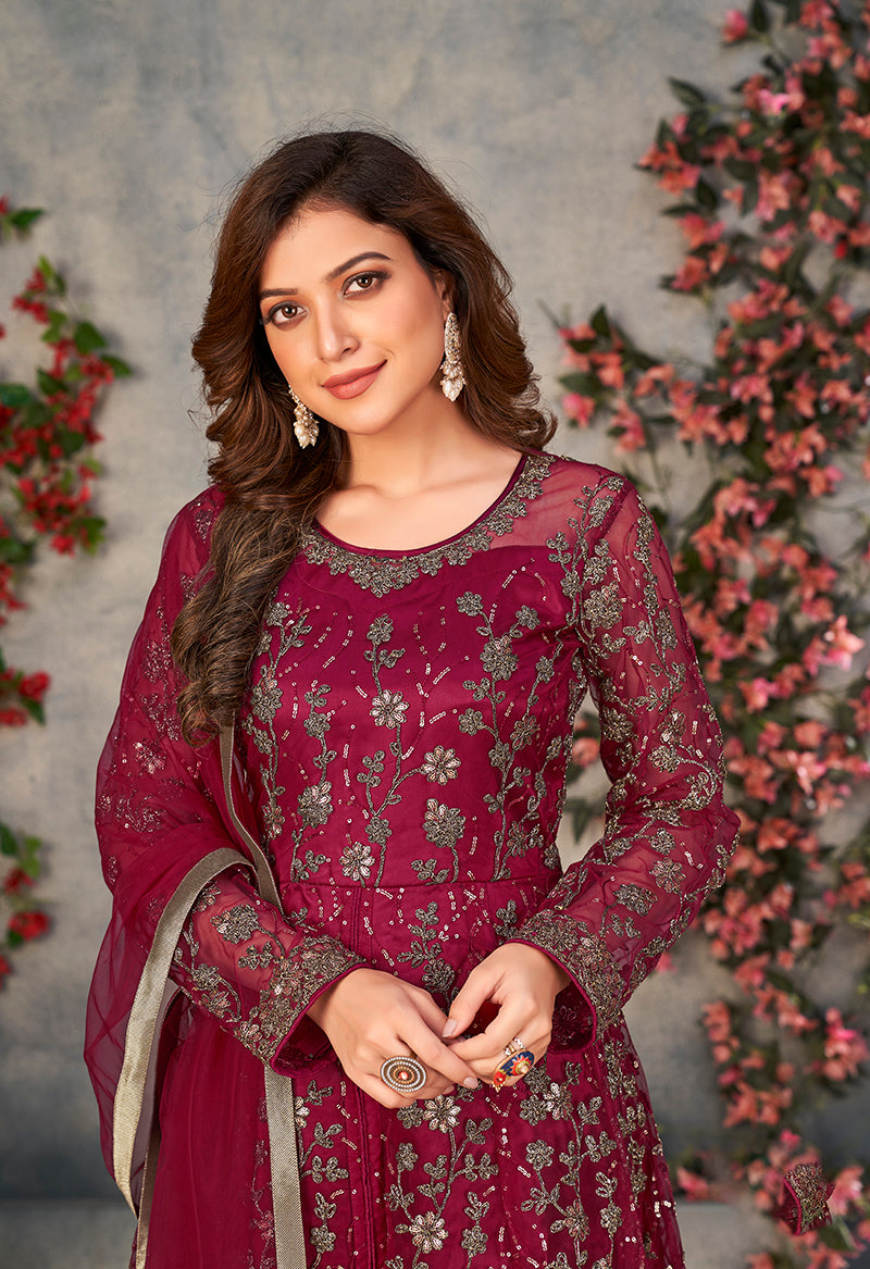 Monjolika Fashion Magenta Color Net Embroidered Anarkali Salwar Suit | Grocsy