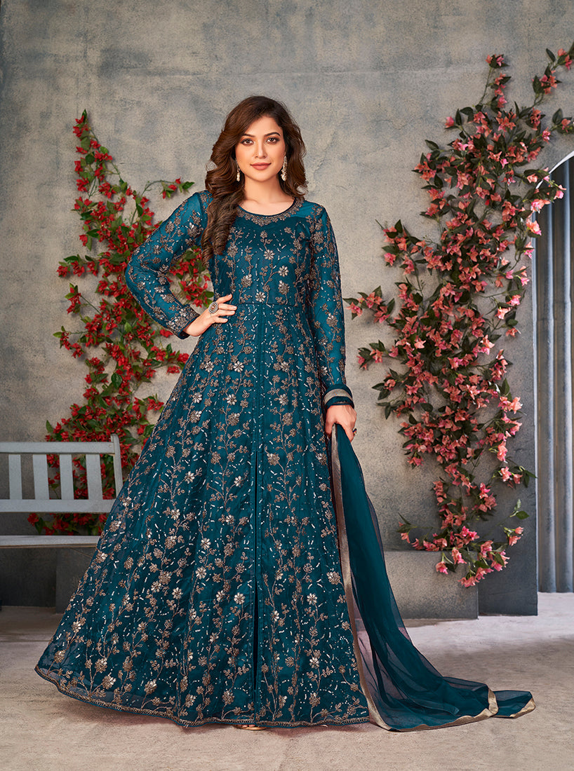 Monjolika Fashion Light Blue Color Net Embroidered Anarkali Salwar Suit | Grocsy