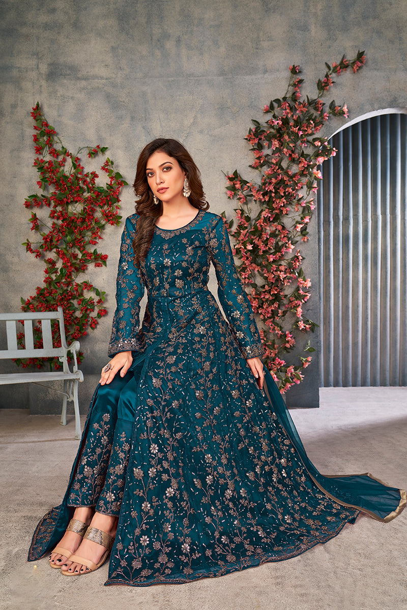 Monjolika Fashion Light Blue Color Net Embroidered Anarkali Salwar Suit | Grocsy