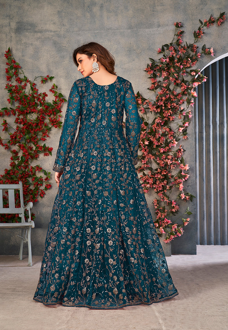 Monjolika Fashion Light Blue Color Net Embroidered Anarkali Salwar Suit | Grocsy