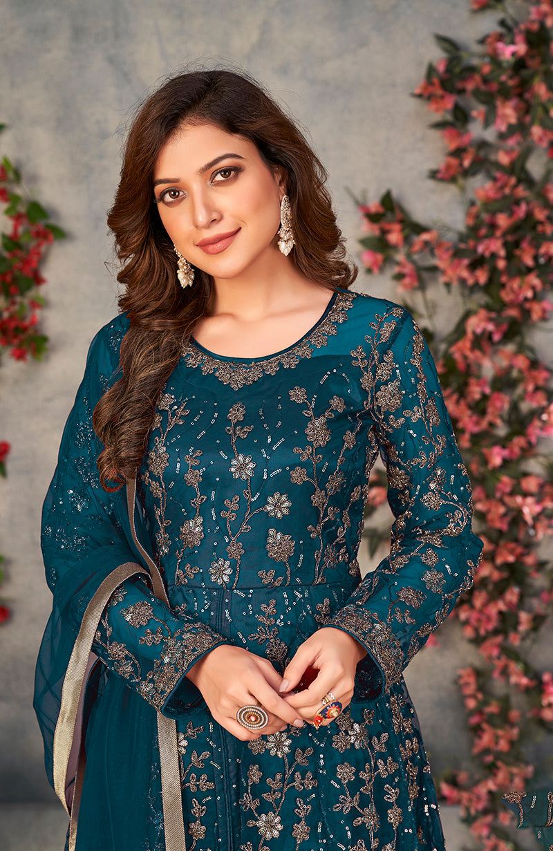 Monjolika Fashion Light Blue Color Net Embroidered Anarkali Salwar Suit | Grocsy