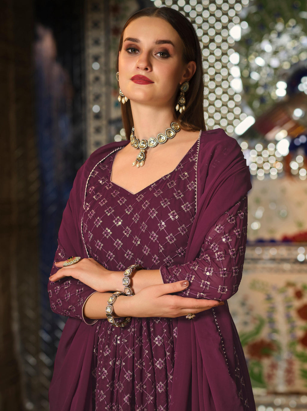 Monjolika Fashion Purple Color Georgette Anarkali Lehenga Style Suit | Grocsy