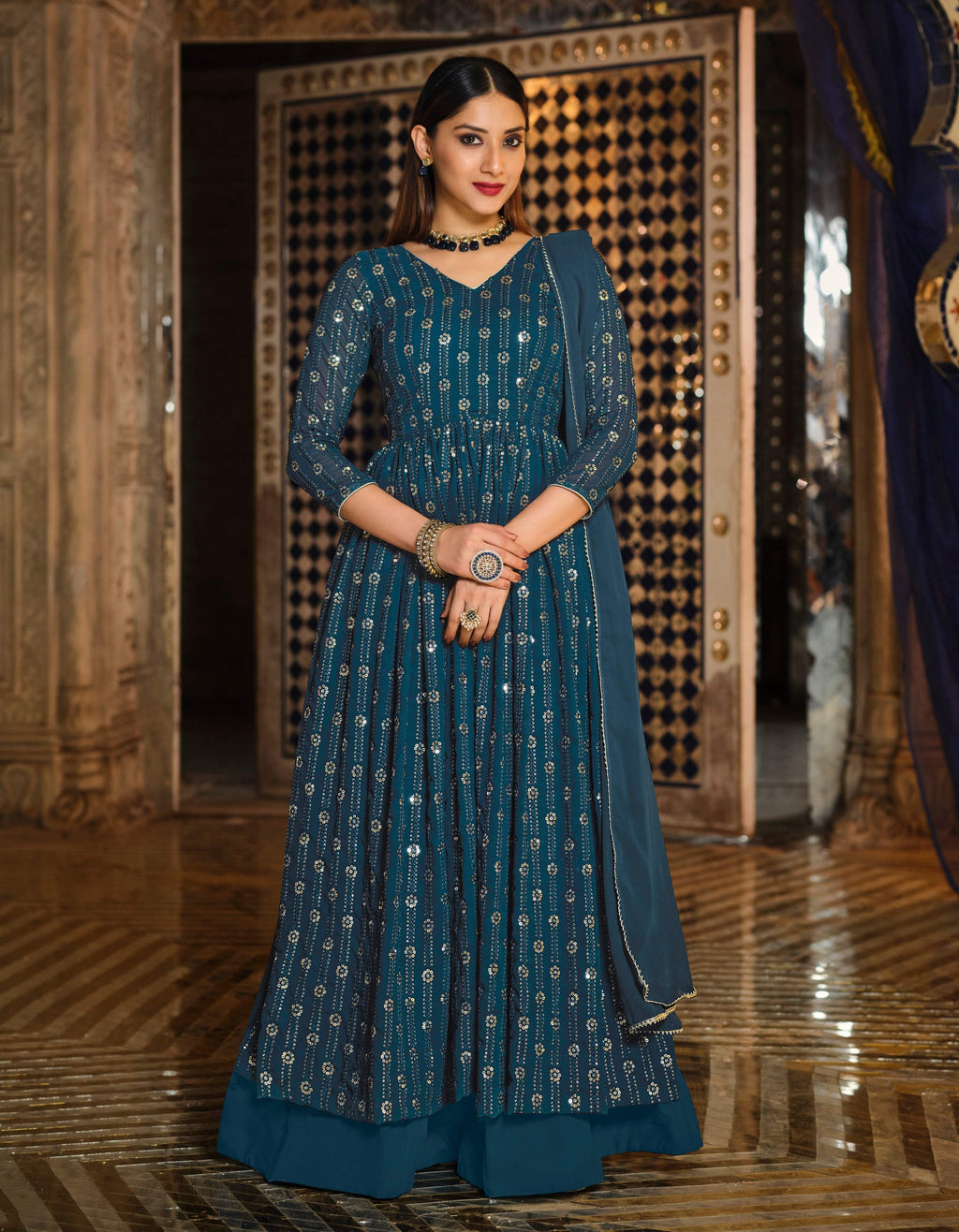 Monjolika Fashion Dark Teal Color Georgette Anarkali Lehenga Style Suit | Grocsy