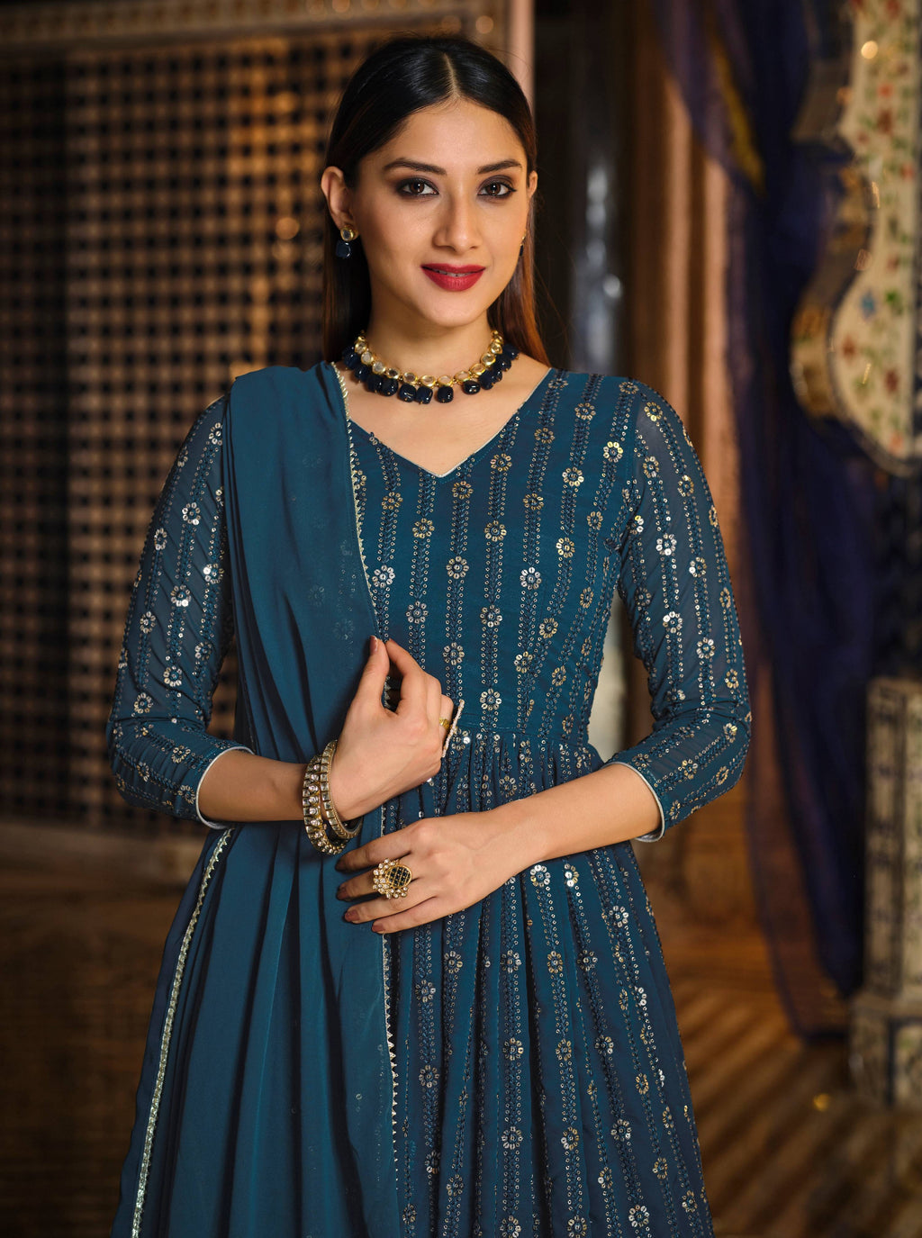 Monjolika Fashion Dark Teal Color Georgette Anarkali Lehenga Style Suit | Grocsy