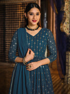 Monjolika Fashion Dark Teal Color Georgette Anarkali Lehenga Style Suit | Grocsy