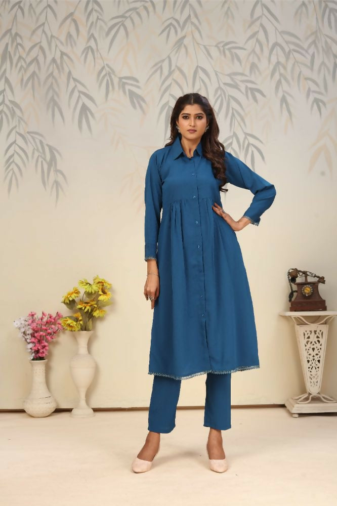 Jyoti Fashion Women's Blue Rinkal Cotton Plain with Side Pocket Kurtis & Sets | Grocsy