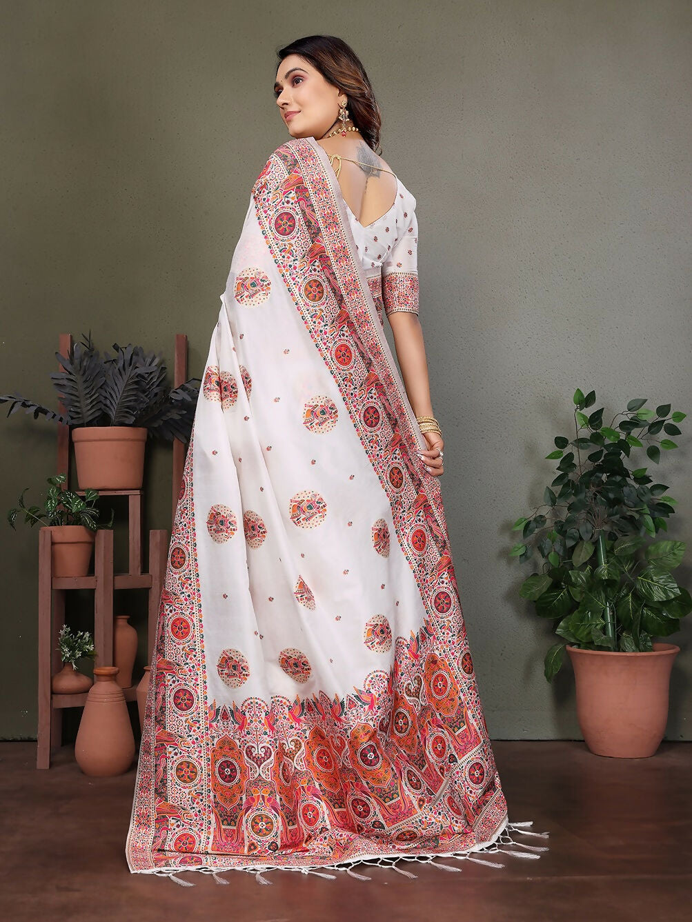 Joban Fashion White Thread Woven Pashmina Sarees | Grocsy