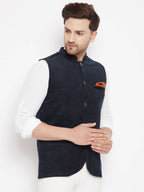 Even Apparels Navy Polyester Men's Nehru Jacket-Contrast Lining-Inbuilt Pocket Square | Grocsy