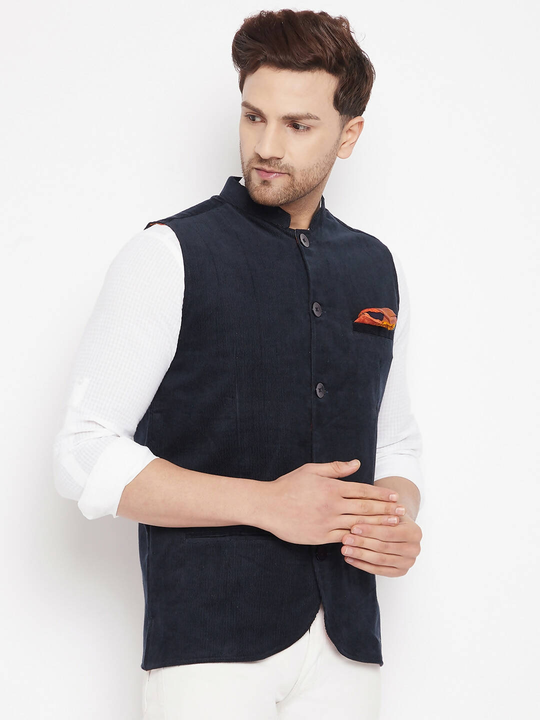 Even Apparels Navy Polyester Men's Nehru Jacket-Contrast Lining-Inbuilt Pocket Square | Grocsy