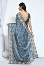 Teal Satin Silk Sequence Embroidered with Stone work Saree - Nimaya Benzy | Grocsy