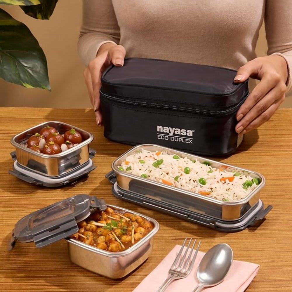 Nayasa Eco Duplex 3 Stainless Steel Office Lunch Box Set with Soft Insulated Bag | Grocsy