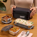 Nayasa Eco Duplex 3 Stainless Steel Office Lunch Box Set with Soft Insulated Bag | Grocsy
