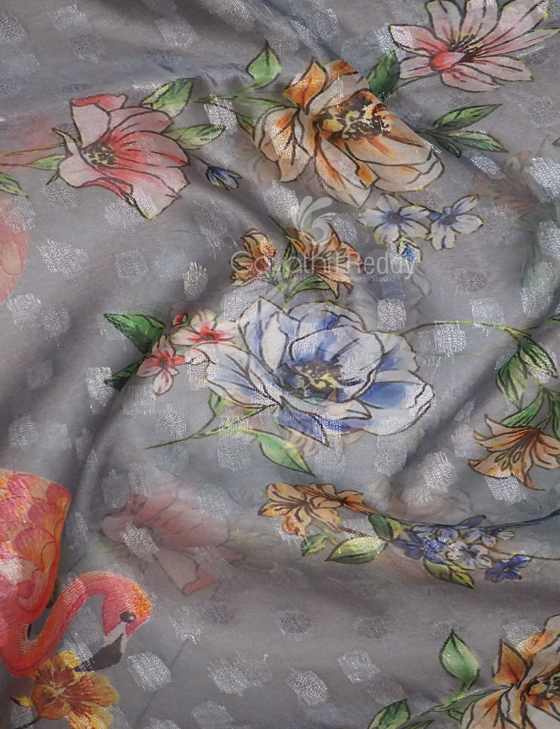 Shades of Grey Colour Floral Design Banaras Semi Silk Saree By Gayathri Reddy Designer Studio | Grocsy