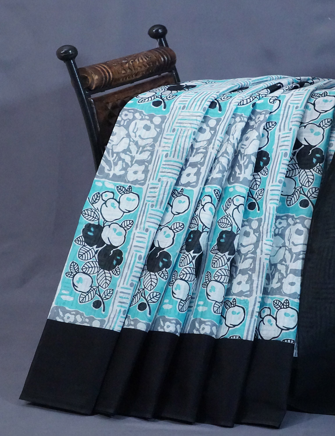 Shades of Sky Blue And Black Colour Floral Print Pure Mulmul Cotton Saree By Gayathri Reddy Designer Studio | Grocsy