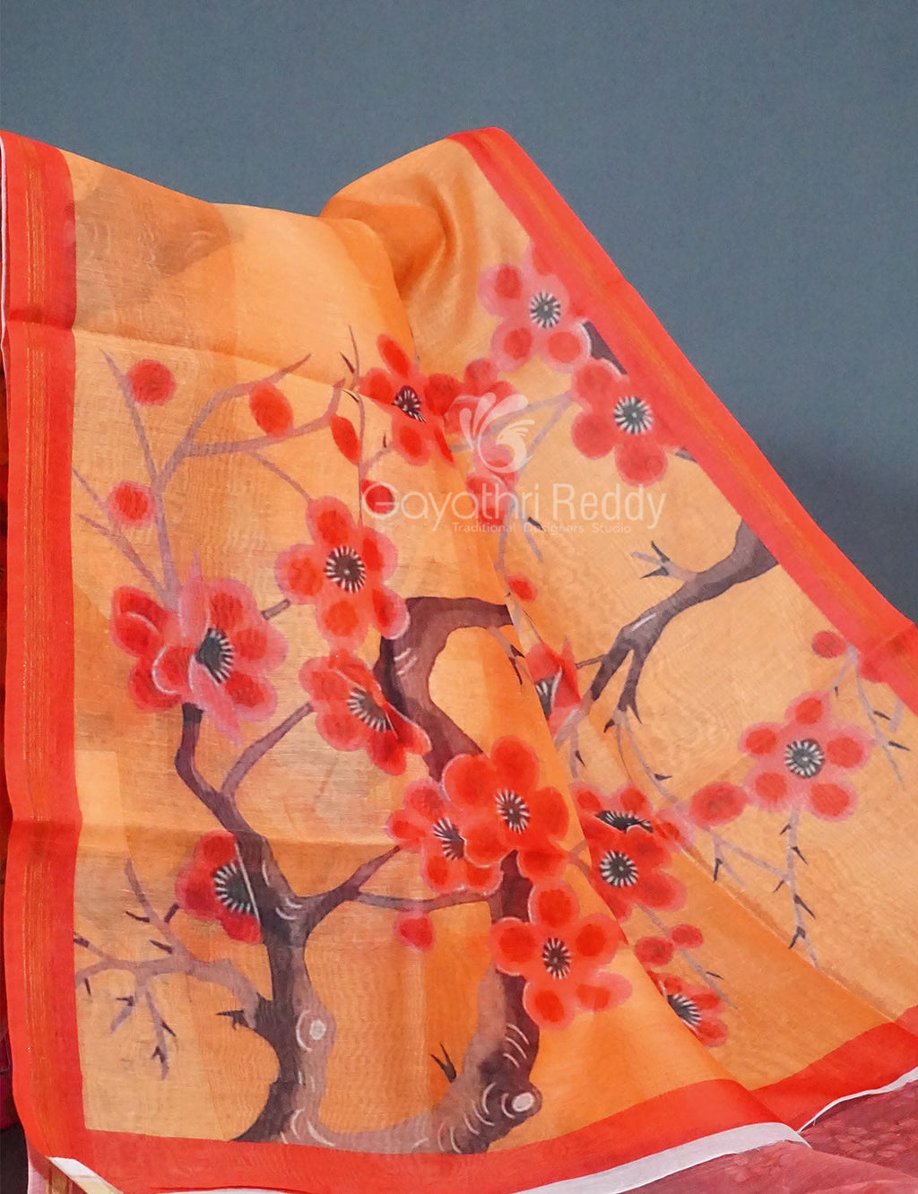 Shades of Light Orange Floral Print Semi Chanderi Saree By Gayathri Reddy Designer Studio | Grocsy