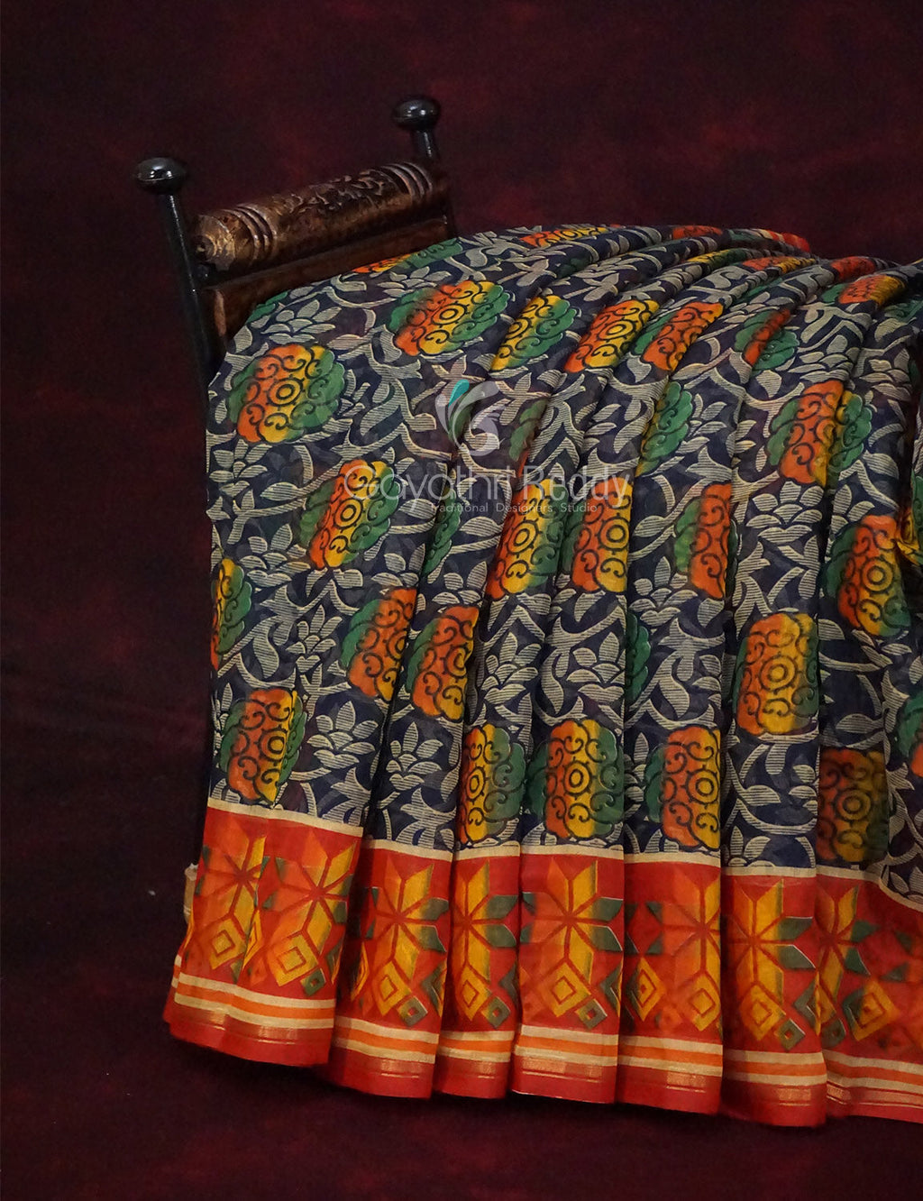 Shades of Dark Navy Blue With Orange Blouse Creeper Design Semi Chanderi Saree By Gayathri Reddy Designer Studio | Grocsy