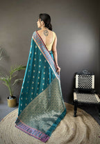 Joban Fashion Teal Blue Woven Zari Motifs Lichi Silk Banarasi Silk Saree | Grocsy