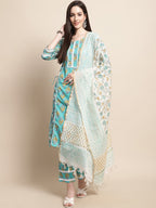 Sangria Blue & Gold Ethnic Motifs Printed Pure Cotton Kurta With Trouser & Dupatta | Grocsy