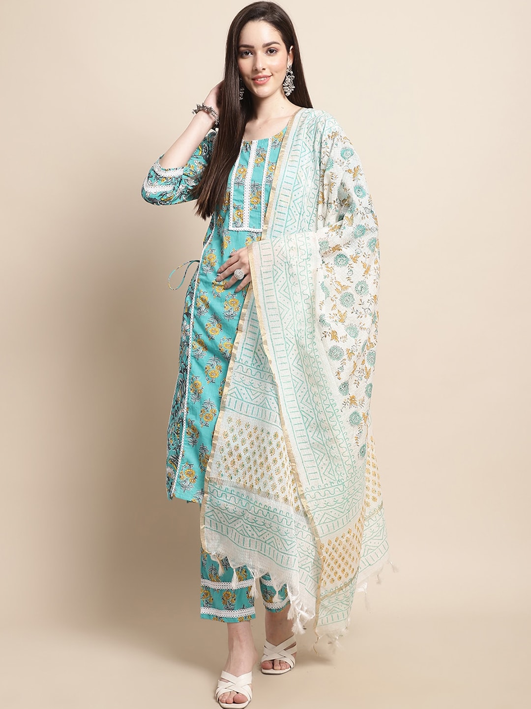 Sangria Blue & Gold Ethnic Motifs Printed Pure Cotton Kurta With Trouser & Dupatta | Grocsy