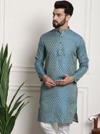 Sojanya Men Blue & Beige Ethnic Motif Printed Jacquard Silk Kurta | Grocsy