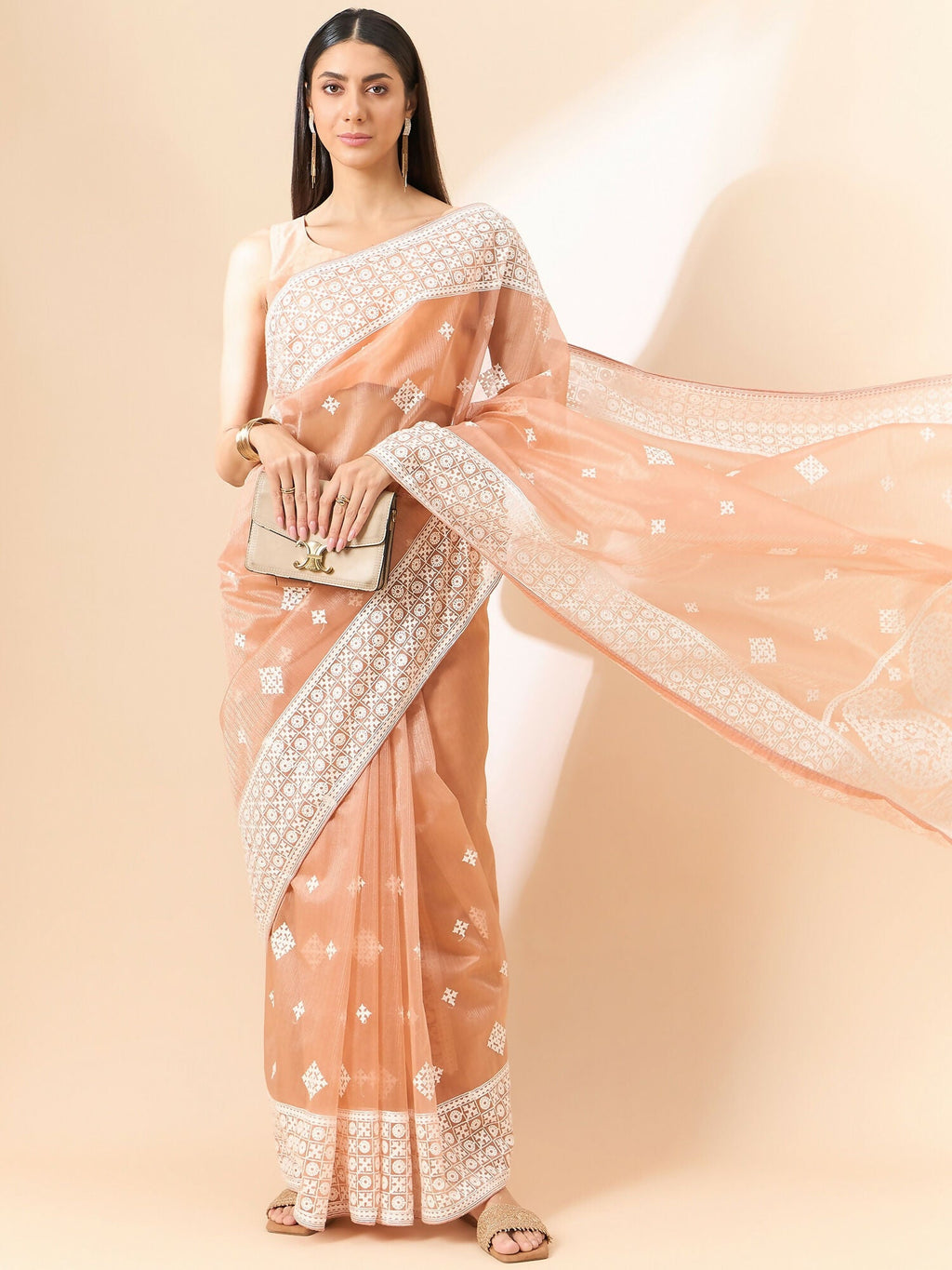 Peach Organza Geometric Embroidered Saree with Unstitched Blouse Piece - Roozal | Grocsy