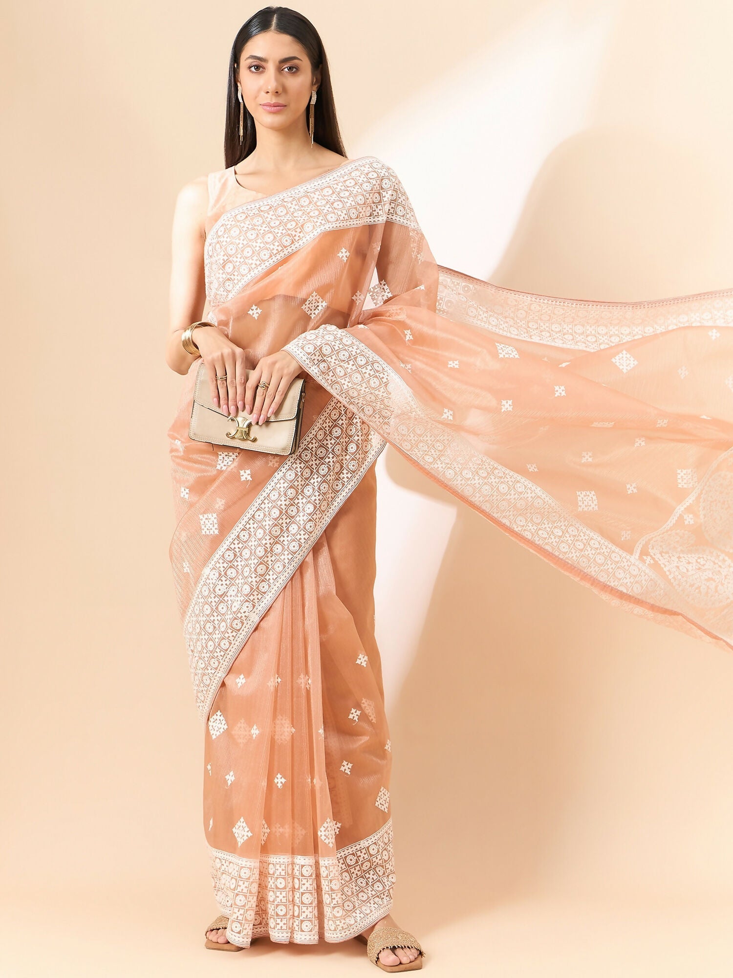 Peach Organza Geometric Embroidered Saree with Unstitched Blouse Piece - Roozal | Grocsy