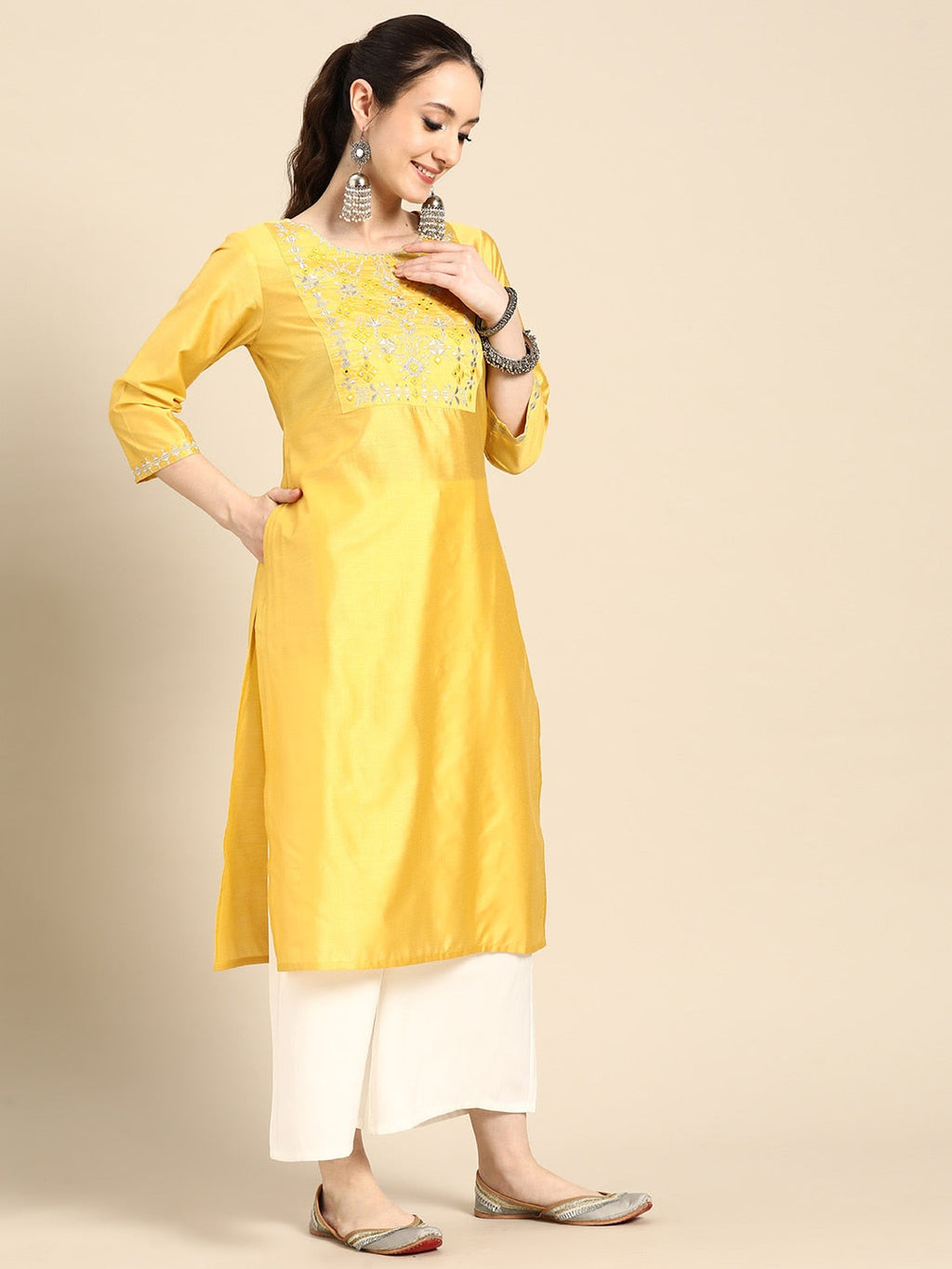 Sangria Women Ethnic Motifs Embroidered Mirror Work Pastels Kurta | Grocsy