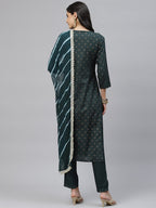 HERE&NOW Women Green Embroidered Straight Kurta with Trousers & With Dupatta | Grocsy