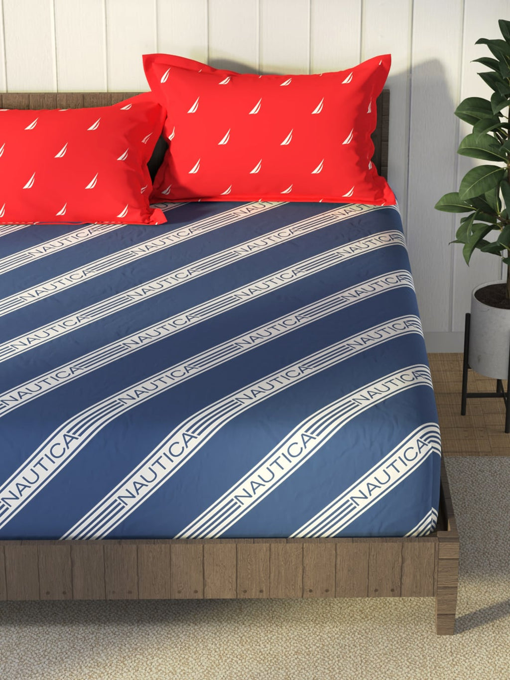 Nautica Blue & Red Striped Cotton 160 TC King Bedsheet With 2 Pillow Covers | Grocsy