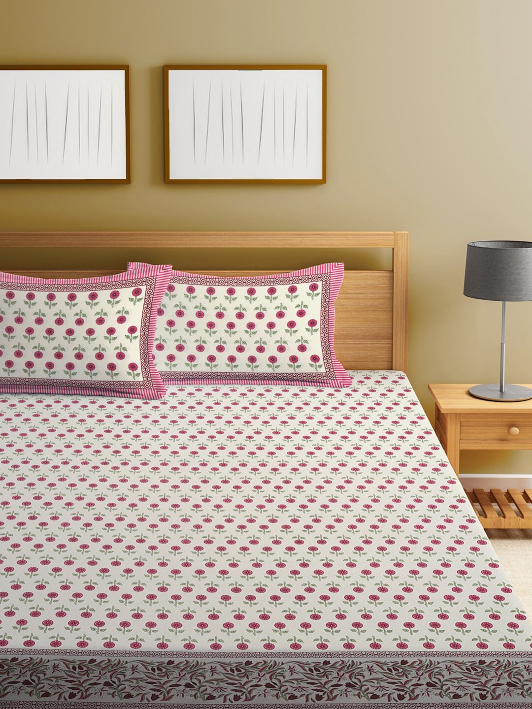 Rajasthan Decor White & Pink Ethnic Motifs 144 TC King Bedsheet with 2 Pillow Covers | Grocsy