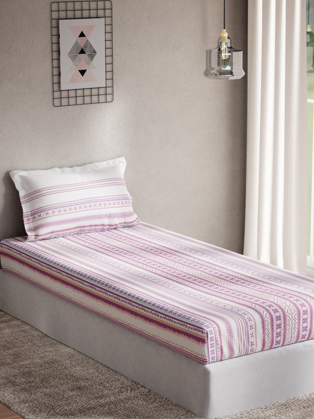 DDecor Purple & White Ethnic Motifs 144 TC Cotton Single Bedsheet with 1 Pillow Cover | Grocsy
