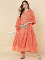 HERE&NOW Women Orange Embroidered Pure Cotton Kurta with Trousers & With Dupatta | Grocsy