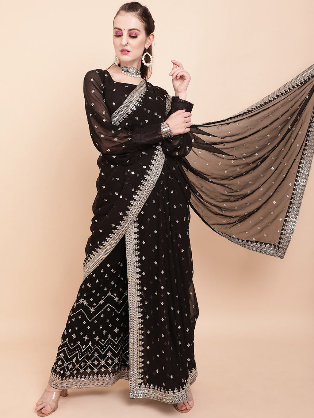 Sangria Black & White Embellished Sequinned Pure Georgette Palazzo Saree | Grocsy