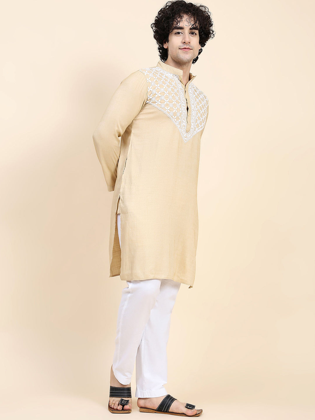 HOUSE OF KARI Ethnic Motifs Yoke Design Mandarin Collar Chikankari Pure Cotton Kurta | Grocsy