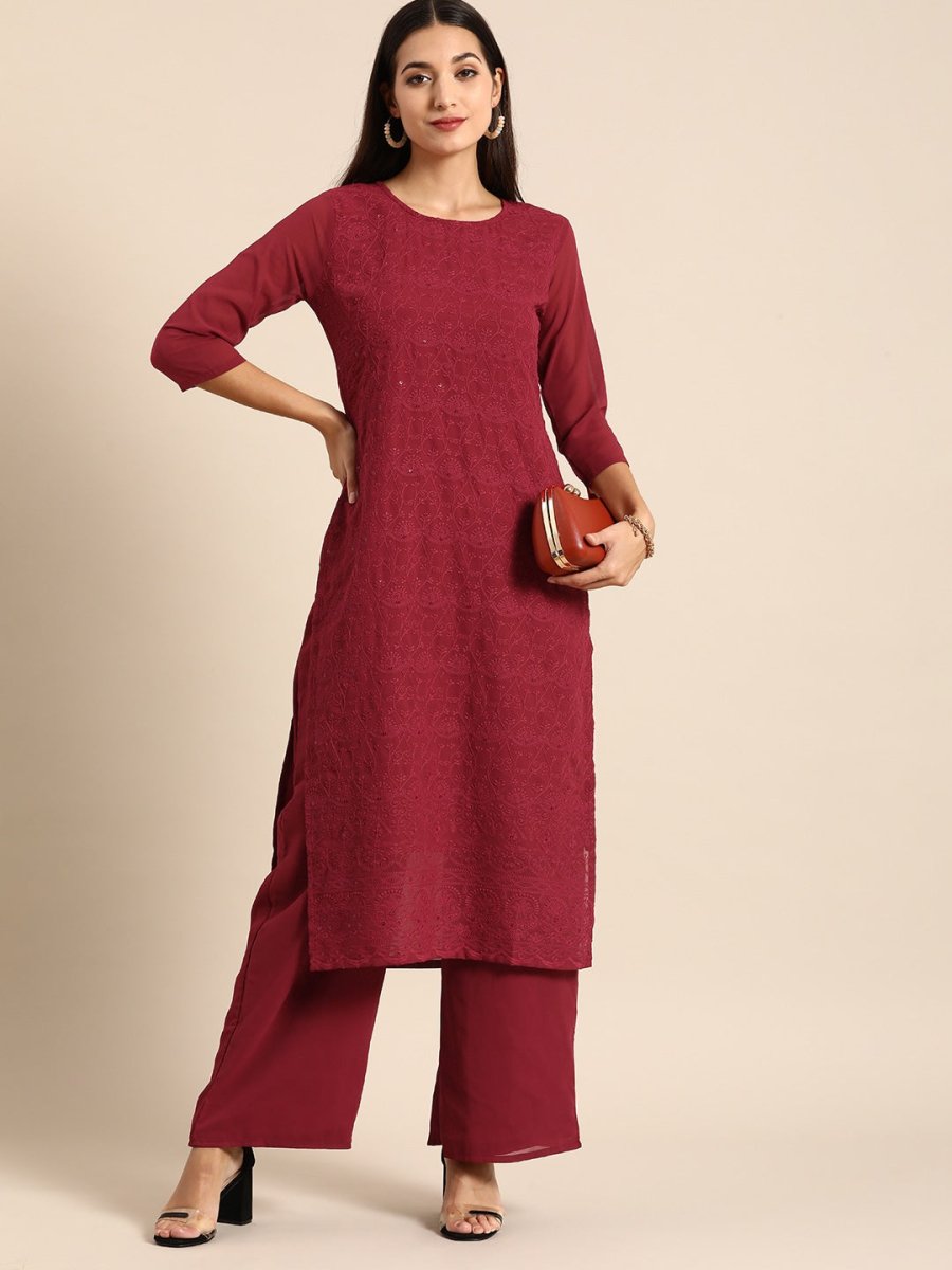 All About You Women Maroon Ethnic Motifs Embroidered Chikankari Kurta with Palazzos | Grocsy