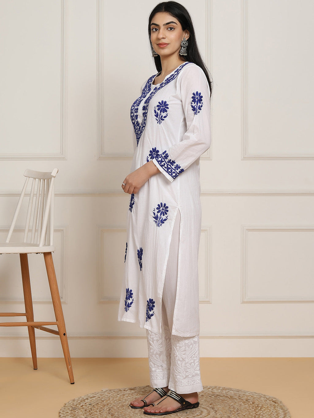 HOUSE OF KARI Women Ethnic Motifs Embroidered Regular Chikankari Pure Cotton Kurta with Trousers | Grocsy