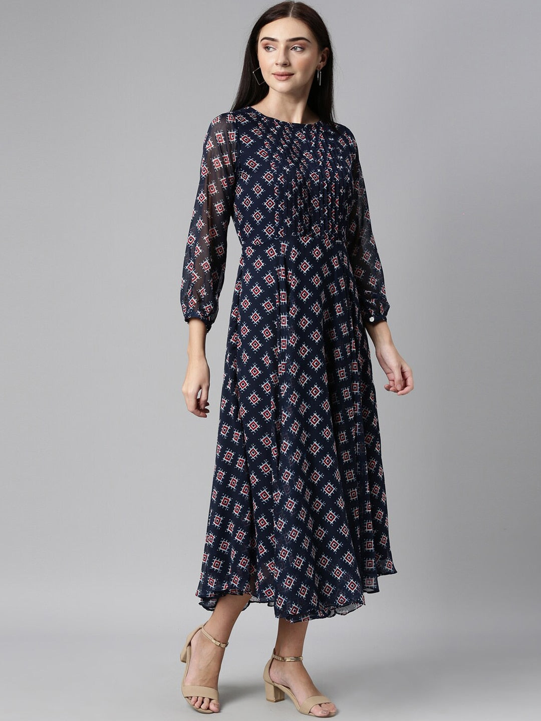 Souchii Blue & Red Ethnic Motifs Printed Chiffon Fit & Flare Midi Dress | Grocsy