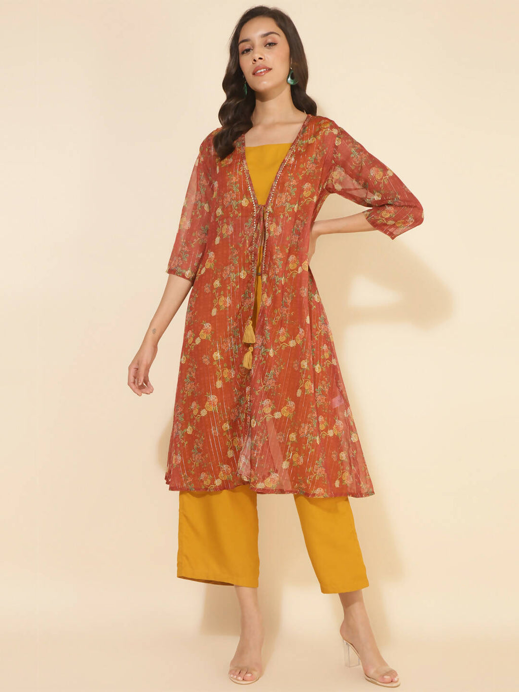 Janasya Women's Mustard Moss Solid Festive Crop Top Set | Grocsy
