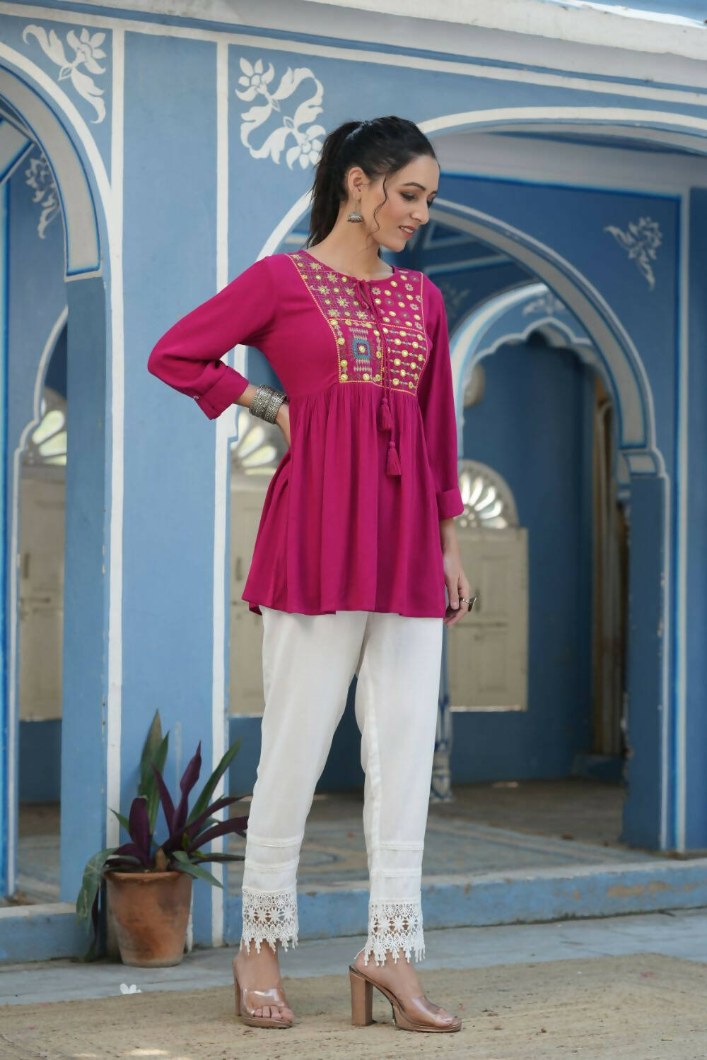 Juniper Women's Fuchsia Rayon Crepe Embroidered Straight Tunic | Grocsy