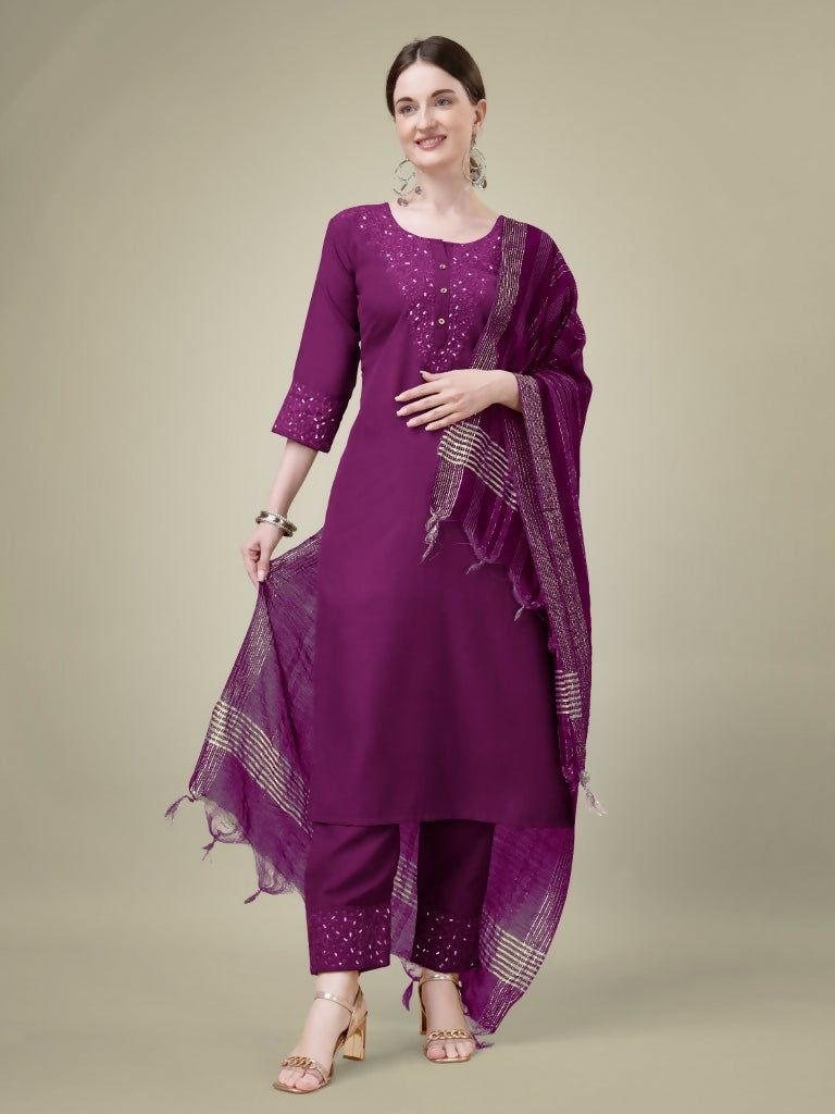 Jyoti Fashion Women's Purple Cotton Blend Embroidery & Sequence work Kurta with Trouser & Dupatta | Grocsy