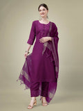 Jyoti Fashion Women's Purple Cotton Blend Embroidery & Sequence work Kurta with Trouser & Dupatta | Grocsy