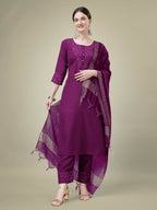 Jyoti Fashion Women's Purple Cotton Blend Embroidery & Sequence work Kurta with Trouser & Dupatta | Grocsy