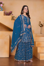 Teeya Creation Blue Color Faux Georgette Embroidery Work Wedding Wear Palazzo Set | Grocsy