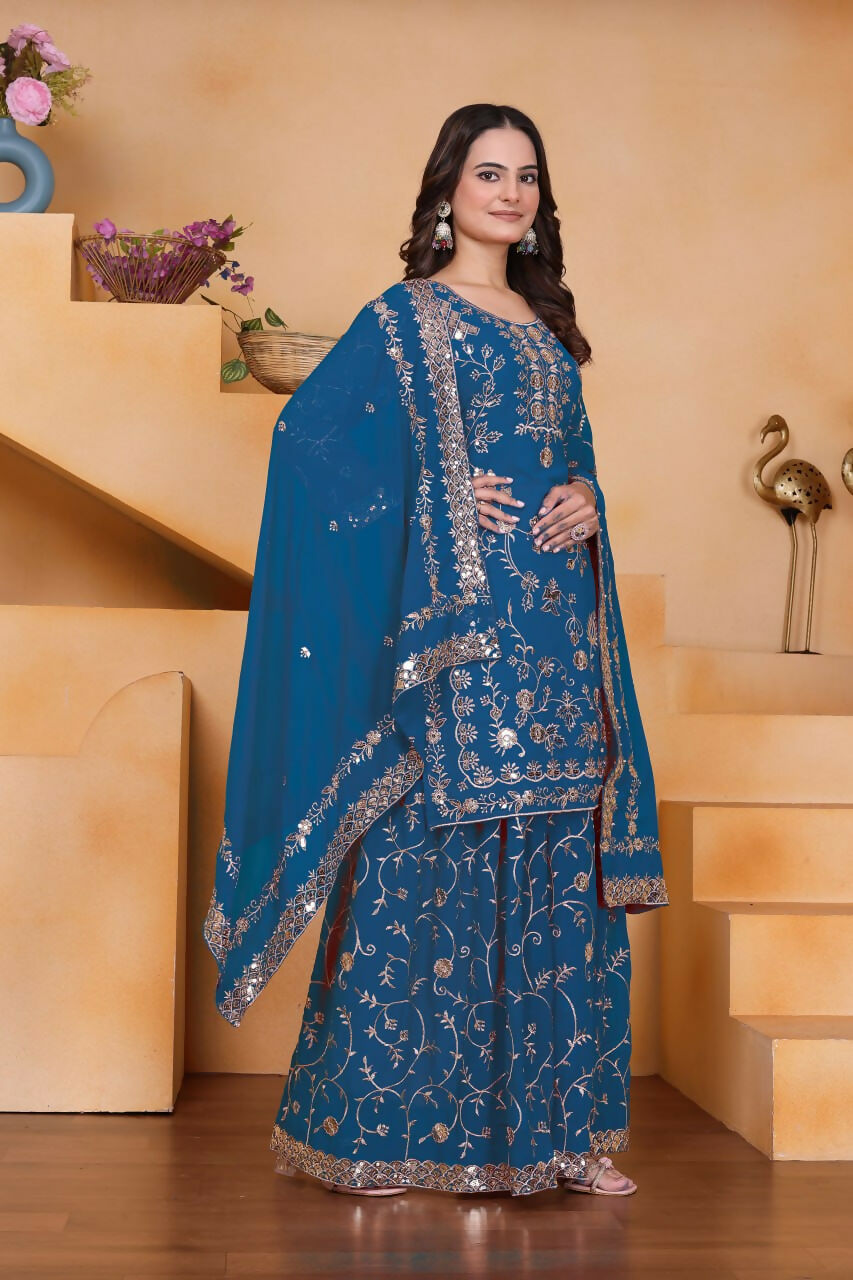 Teeya Creation Blue Color Faux Georgette Embroidery Work Wedding Wear Palazzo Set | Grocsy
