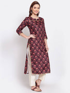 Myshka Women's Wine Printed Pashmeena 3/4 Sleeve Round Neck Casual Winter Kurta | Grocsy