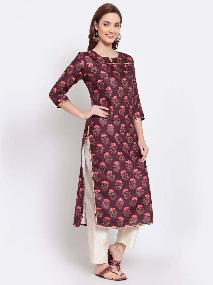 Myshka Women's Wine Printed Pashmeena 3/4 Sleeve Round Neck Casual Winter Kurta | Grocsy