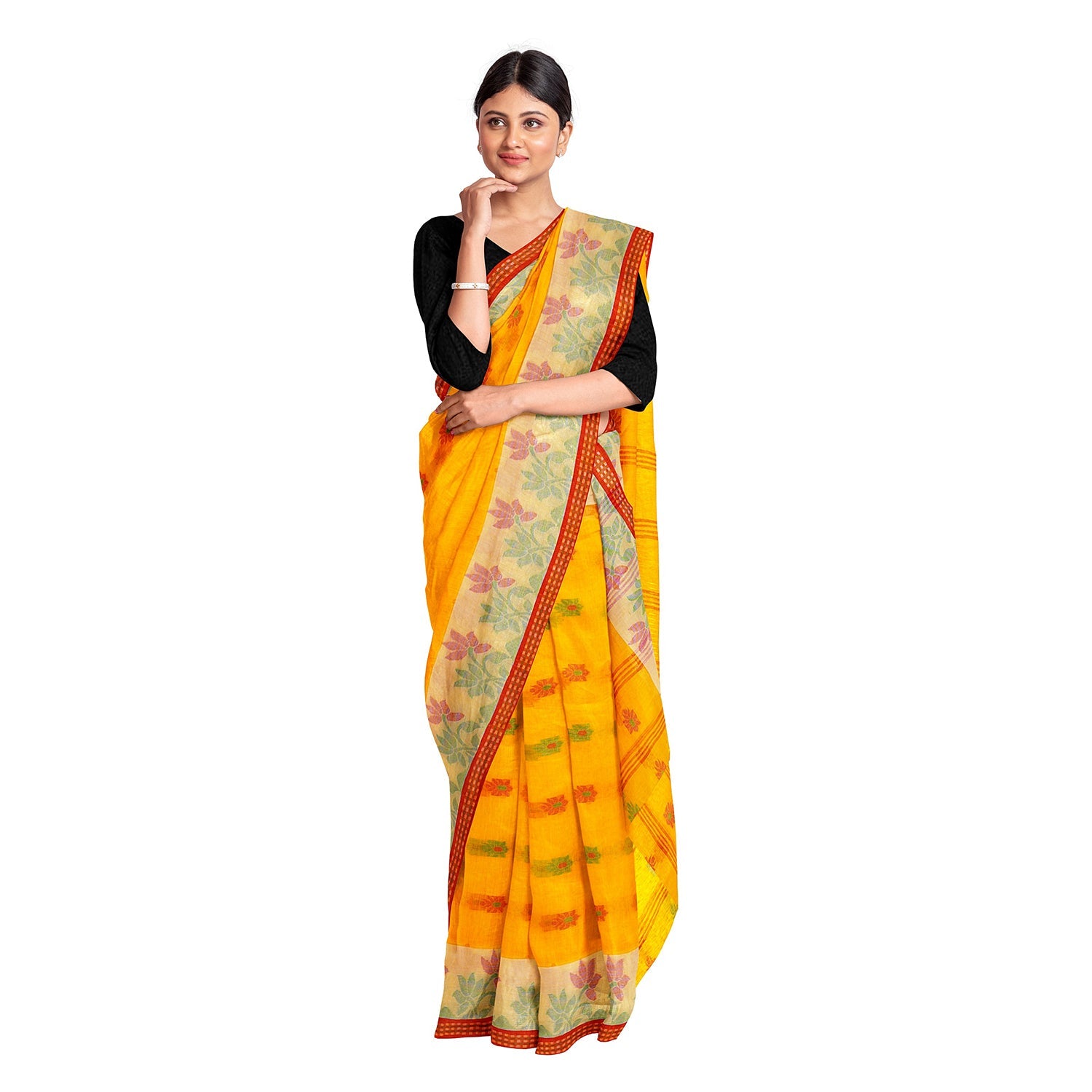 Exclusive Collection 100% Pure Cotton Yellow Tant Saree With Hand Weaving Work | Grocsy