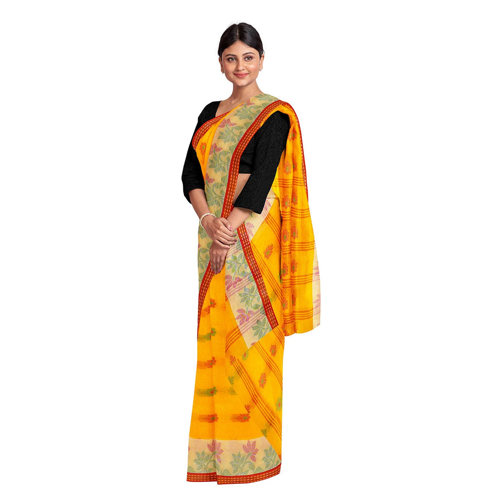 Exclusive Collection 100% Pure Cotton Yellow Tant Saree With Hand Weaving Work | Grocsy