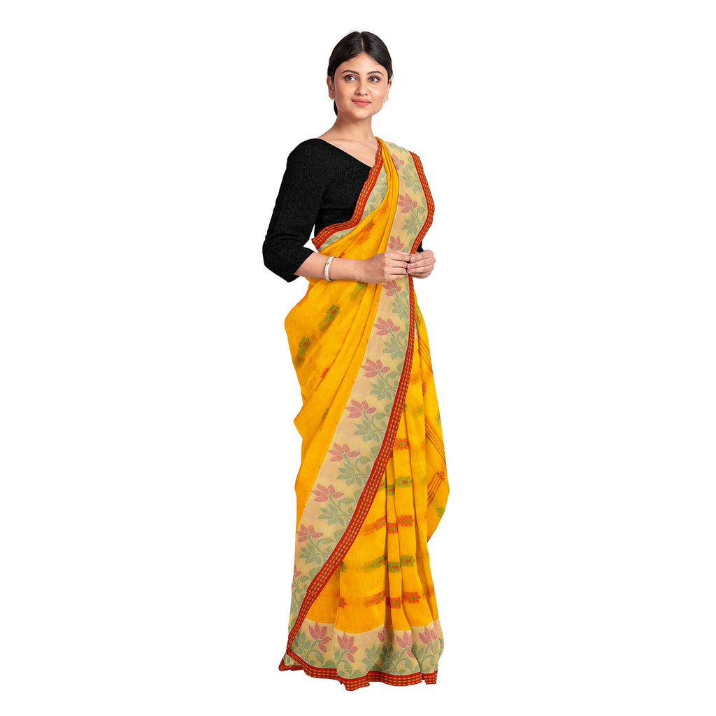 Exclusive Collection 100% Pure Cotton Yellow Tant Saree With Hand Weaving Work | Grocsy